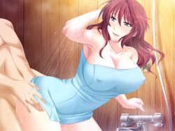 Rule 34 | 1boy, 1girl, amae haha nozomi, bath, bent over, blush, bottomless, breasts, brother and sister, cleavage, covered erect nipples, game cg, green eyes, hetero, incest, komo da, large breasts, long hair, mixed-sex bathing, nishii akiko, red hair, sex, shared bathing, shower, siblings, smile, standing, towel, vaginal, water, wet