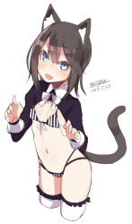 Rule 34 | 1girl, :d, animal ears, bikini, black shirt, blue eyes, blush, brown hair, cat ears, cat girl, cat tail, cropped legs, dated, fang, hair between eyes, long hair, long sleeves, looking at viewer, maze (gochama ze gohan), navel, open mouth, original, shirt, signature, simple background, sketch, smile, solo, striped bikini, striped clothes, swimsuit, tail, thighhighs, vertical-striped bikini, vertical-striped clothes, white background, white thighhighs