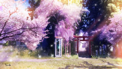Rule 34 | building, cherry blossoms, commentary request, geshi, grass, highres, no humans, original, path, payphone, phone, phone booth, plant, road, scenery, sky, spring (season), statue, torii, tree, window