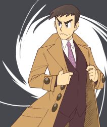 Rule 34 | 1boy, brown eyes, brown hair, buttons, coat, collared shirt, commission, cowboy shot, creatures (company), game freak, grey background, looker (pokemon), looking to the side, male focus, necktie, nintendo, pokemon, pokemon dppt, shirt, solo, standing, v-shaped eyebrows, vergolophus, white shirt