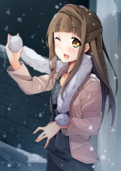 Rule 34 | 10s, 1girl, ;d, brown eyes, brown hair, coat, half updo, highres, love live!, love live! school idol project, minami kotori, minami kotori&#039;s mother, one eye closed, open mouth, oruto (ort+), oruton, scarf, smile, snow, snowing, solo, wink, winter, winter clothes