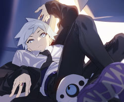 Rule 34 | 1boy, absurdres, aged down, arm up, aron, black jacket, black necktie, black pants, blurry, closed mouth, collared shirt, commentary, creatures (company), game freak, gen 3 pokemon, grey eyes, grey hair, highres, jacket, jewelry, long sleeves, looking up, male focus, necktie, nintendo, pants, pokemon, pokemon (creature), pokemon rse, ring, shirt, shoe soles, shoes, short hair, steven stone, white shirt, xia (ryugo)