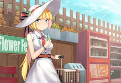 Rule 34 | 1girl, :/, aqua eyes, belt, bench, blonde hair, blush, bottle, btraphen, center frills, closed mouth, cloud, day, dress, english text, fence, flower, flower bed, frills, hat, highres, holding, holding bottle, long hair, low ponytail, original, outdoors, sky, sleeveless, sleeveless dress, solo, statue, suitcase, sun hat, sunlight, trash can, vending machine, white dress, white hat, wooden fence