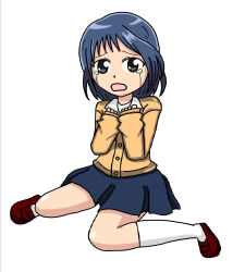 Rule 34 | 1girl, blue hair, green eyes, highres, madoka (onmyou taisenki), onmyou taisenki, short hair, simple background, skirt, solo, white background
