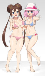 Rule 34 | 2girls, :d, absurdres, alternate costume, barefoot, bikini, blue bikini, blue eyes, breasts, bright pupils, brown hair, collarbone, commentary request, creatures (company), double bun, game freak, hair bun, hands up, hat, highres, holding hands, knees, large breasts, long hair, looking at viewer, multiple girls, navel, nintendo, open mouth, oyatsu 0, pigeon-toed, pink bikini, pink hair, pokemon, pokemon bw2, rosa (pokemon), smile, standing, swimsuit, toes, tongue, twintails, w, white headwear, white pupils, yancy (pokemon)