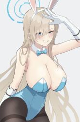 Rule 34 | 1girl, animal ears, aqua bow, aqua bowtie, aqua leotard, arm up, asuna (blue archive), asuna (bunny) (blue archive), bare shoulders, black pantyhose, blue archive, blue bow, blue bowtie, blue eyes, blue leotard, blush, bow, bowtie, breasts, cleavage, commentary, detached collar, elbow gloves, eyes visible through hair, fake animal ears, gloves, grin, hair over one eye, halo, highres, huge breasts, kouki7912f, leotard, light brown hair, long hair, looking at viewer, official alternate costume, pantyhose, playboy bunny, rabbit ears, salute, simple background, smile, solo, strapless, strapless leotard, thighband pantyhose, very long hair, white background, white gloves
