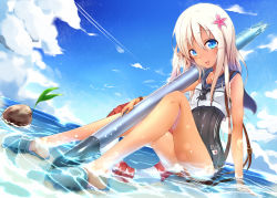 Rule 34 | 10s, 1girl, blonde hair, blue eyes, cloud, flower, hair flower, hair ornament, highres, kantai collection, long hair, ro-500 (kancolle), ryuuguu yassuu, sailor collar, school swimsuit, sitting, sky, swimsuit, thighs, tongue, tongue out, water