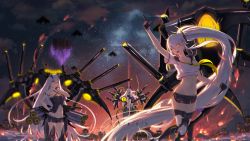 Rule 34 | 3girls, absurdly long hair, arm up, azur lane, bare shoulders, barefoot, black gloves, black sky, boots, breasts, cannon, character request, crop top, dress, gloves, hair between eyes, hand on own hip, highres, long hair, looking at viewer, multicolored sky, multiple girls, navel, neckerchief, night, observer alpha (azur lane), ocean, open mouth, orange sky, pointing, pointing up, rigging, short shorts, shorts, silver hair, siren (azur lane), purifier (azur lane), sitting, sky, small breasts, smile, star (sky), starry sky, tester (azur lane), thigh boots, thigh strap, thighhighs, turret, very long hair, yellow eyes, yellow neckerchief, you ni ge shaobing