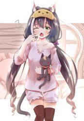 Rule 34 | 1girl, alternate costume, animal ear fluff, animal ears, black hair, black thighhighs, blush, cat ears, cat girl, cat tail, collarbone, commentary request, doll, fang, green eyes, hair between eyes, hair ribbon, highres, holding, holding doll, indoors, karyl (princess connect!), long hair, looking at viewer, low twintails, minazuki mizu, multicolored hair, off shoulder, one eye closed, open mouth, pajamas, pillow, princess connect!, ribbon, sidelocks, sleep mask, solo, stuffed animal, stuffed cat, stuffed toy, tail, thighhighs, twintails, two-tone hair, white hair, window