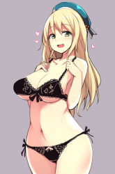 Rule 34 | 10s, 1girl, :d, atago (kancolle), beret, black bra, black panties, blonde hair, blush, bra, breasts, cleavage, front-tie top, green eyes, hat, heart, ippongui, kantai collection, lace, lace-trimmed bra, lace-trimmed panties, lace trim, large breasts, long hair, looking at viewer, navel, open mouth, panties, side-tie panties, simple background, smile, solo, underwear, underwear only