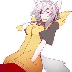 Rule 34 | 1girl, alternate costume, animal ears, closed eyes, contemporary, female focus, hands in pockets, hood, hoodie, icf, inubashiri momiji, mazuka kei, open mouth, short hair, short sleeves, silver hair, simple background, sketch, smile, solo, tail, touhou, upper body, white background, wolf ears, wolf tail