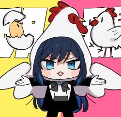 Rule 34 | 1girl, ado (utaite), bird, black bow, black bowtie, black coat, blue eyes, blue hair, blush, bow, bowtie, chandelier, chando (ado), chibi, chicken, chicken costume, cloud nine inc, coat, colored inner hair, commentary request, dark blue hair, gloves, highres, looking at viewer, mole, mole under eye, multicolored hair, open clothes, open coat, open mouth, outstretched arms, pink bag, riseno, shirt, solo, two-tone background, two-tone hair, utaite, white gloves, white shirt, yellow background