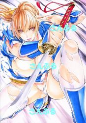 Rule 34 | 1girl, arm guards, breasts, brown eyes, brown hair, dead or alive, foreshortening, hair ribbon, holding, holding sword, holding weapon, kasumi (doa), kneeling, large breasts, long hair, looking at viewer, marker (medium), ninja, ninjatou, on one knee, panties, parted lips, pelvic curtain, ponytail, ribbon, short sword, solo, sword, thighhighs, torn clothes, torn panties, torn thighhighs, traditional media, underwear, weapon, white panties, white thighhighs, yqgkg