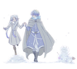 Rule 34 | 1boy, 1girl, absurdres, black footwear, blue coat, blue eyes, blue hair, blue scarf, boots, breath, broom, brown footwear, brown pantyhose, cloak, coat, colored tips, earrings, eisen (sousou no frieren), elf, frieren, grey cloak, hair over shoulder, hand up, height difference, heiter, highres, himmel (sousou no frieren), holding hands, hood, hood down, hooded cloak, jewelry, knee boots, long hair, long sleeves, looking at another, looking to the side, mole, mole under eye, multicolored hair, objectification, outstretched arm, pants, pantyhose, parted bangs, pointy ears, purple hair, sachinyopo, scarf, short hair, sideways glance, simple background, smile, snow, snowing, snowman, sousou no frieren, twintails, very long hair, walking, white background, white pants, winter, winter clothes