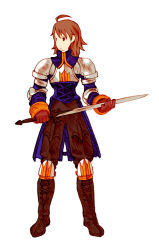 Rule 34 | 1girl, agrias oaks, agrias oaks (cosplay), ahoge, armor, awakened miki, brown hair, cosplay, final fantasy, final fantasy tactics, holy knight (fft), hoshii miki, idolmaster, idolmaster (classic), parody, pauldrons, short hair, shoulder armor, simple background, solo, style parody, sword, weapon, zearthp