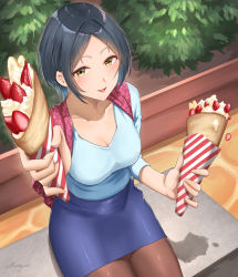 Rule 34 | 1girl, bench, black hair, black pantyhose, breasts, cleavage, commentary request, cream, crepe, food, food wrapper, fruit, hayami kanade, highres, idolmaster, idolmaster cinderella girls, incoming food, looking at viewer, medium breasts, pantyhose, parted bangs, pencil skirt, pov, shogun (a96040021), short hair, sitting, skirt, solo, strawberry, yellow eyes