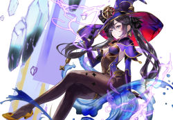 Rule 34 | 1girl, black gloves, black hair, black pantyhose, breasts, closed mouth, commentary request, crossed legs, earrings, foot out of frame, from side, genshin impact, gloves, gold footwear, green eyes, hair ornament, hand on headwear, hat, hat ornament, high heels, highres, hori airi, hydrokinesis, jewelry, legs, leotard, lightning, long hair, medium breasts, mona (genshin impact), pantyhose, purple leotard, sideboob, sidelocks, sitting, solo, sparkle print, star (symbol), star hair ornament, thighlet, thighs, twintails, very long hair, water, witch hat