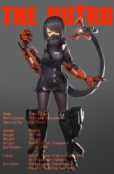 Rule 34 | 1girl, absurdres, bad id, bad pixiv id, black hair, character profile, cyberpunk, cyborg, earrings, english text, engrish text, eyepatch, gradient background, highres, jewelry, looking at viewer, mask, mecha musume, mechanical arms, mechanical legs, mechanical tail, mihato senba, mouth mask, orange eyes, original, pantyhose, prosthesis, ranguage, science fiction, short hair, single mechanical arm, slit pupils, solo, sumi elias, swept bangs, tail, yellow eyes