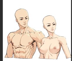 Rule 34 | 1boy, 1girl, abs, bald, bald girl, breasts, brown eyes, collarbone, cropped torso, eyelashes, large breasts, muscular, muscular male, nipples, nude, original, qingyun zhizhe, sketch