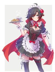 Rule 34 | alternate costume, apron, black dress, black hair, black thighhighs, breasts, bridal garter, cape, cleavage, cloak, cookie, corset, dress, enmaided, eyes visible through hair, flower, food, frilled apron, frilled dress, frills, gradient hair, grey eyes, hair between eyes, hair flower, hair ornament, highres, holding, holding tray, hood, hooded cloak, iesupa, legwear garter, maid, maid apron, maid headdress, multicolored hair, plate, puffy short sleeves, puffy sleeves, red cape, red hair, ruby rose, rwby, short hair, short sleeves, single legwear garter, solo, standing, thigh strap, thighhighs, tray, two-tone hair, waist apron, white apron, wrist cuffs