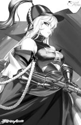 Rule 34 | 1girl, absurdres, aiguillette, artist name, bolt action, breasts, closed mouth, cross, dress, eyelashes, gauntlets, girls&#039; frontline, greyscale, gun, hair between eyes, helmet, highres, holding, holding gun, holding weapon, iron cross, kar98k (girls&#039; frontline), kar98k (mod3) (girls&#039; frontline), long hair, mauser 98, monochrome, off shoulder, orouu, pickelhaube, plume, rifle, signature, solo, weapon
