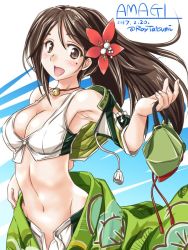Rule 34 | 10s, 1girl, amagi (kancolle), arm at side, bare shoulders, breasts, brown eyes, brown hair, character name, cleavage, collarbone, cowboy shot, crop top, flower, groin, hair between eyes, hair flower, hair ornament, kantai collection, large breasts, lips, long hair, looking at viewer, midriff, mole, mole under eye, navel, one-hour drawing challenge, open mouth, ponytail, solo, tatsumi ray, undressing