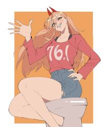 Rule 34 | 1girl, absurdres, arm up, chainsaw man, cross-shaped pupils, hair between eyes, hand on own hip, head tilt, highres, horns, looking at viewer, pink sweater, power (chainsaw man), red horns, sharp teeth, shorts, sitting, smile, solo, sweater, symbol-shaped pupils, teeth, toilet seat, torn clothes, torn shorts, two-tone background, void dot exe, waving, yellow eyes