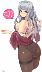 Rule 34 | 1girl, ass, bra, breasts, brown pantyhose, clothes down, cropped legs, from behind, heart, highres, idolmaster, idolmaster (classic), long hair, looking at viewer, looking back, no pants, panties, panties under pantyhose, pantyhose, red eyes, shijou takane, silver hair, simple background, sketch, smile, solo, spoken heart, thighband pantyhose, tuxedo de cat, underwear, white background
