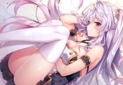 Rule 34 | 1girl, absurdres, arm up, armband, armpits, ass, azur lane, bare shoulders, bed sheet, black dress, blush, breasts, cleavage, closed mouth, dress, frills, from side, gradient hair, grenville (azur lane), hair intakes, hair ornament, hair spread out, highres, huge filesize, knees up, large breasts, long hair, looking at viewer, lying, multicolored hair, on side, one side up, pink hair, red eyes, riichu, scan, short dress, sidelocks, silver hair, smile, solo, thighhighs, thighs, very long hair, white thighhighs
