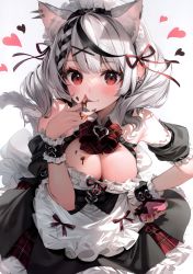 Rule 34 | 1girl, absurdres, animal ears, banned artist, black hair, blush, braid, breasts, cat ears, cat tail, cleavage, fingernails, highres, hololive, large breasts, long fingernails, looking at viewer, maid headdress, medium hair, multicolored hair, parsley-f, red eyes, sakamata chloe, smile, solo, streaked hair, tail, virtual youtuber, white hair