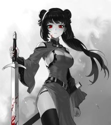 Rule 34 | 1girl, absurdres, bare shoulders, blood, blood on face, bloody weapon, breasts, china dress, chinese clothes, cleavage, cleavage cutout, closed mouth, clothing cutout, commentary, double bun, dress, english commentary, gemi ningen, hair bun, highres, holding, holding sword, holding weapon, long hair, long sleeves, looking at viewer, medium breasts, monochrome, nail polish, original, red nails, sheath, shoulder cutout, solo, spot color, sword, thighhighs, unsheathed, very long hair, weapon, wide sleeves