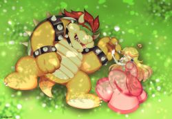 Rule 34 | 1boy, 1girl, armlet, artist name, blonde hair, bowser, bracelet, choker, claws, crown, unworn crown, day, dress, elbow gloves, closed eyes, fangs, forked eyebrows, from above, full body, gloves, grass, highres, holding hands, horns, interspecies, jewelry, light particles, lying, mario (series), mini crown, monster boy, nintendo, on back, on side, outdoors, pink dress, princess peach, red hair, runapiero, sleeping, spiked armlet, spiked bracelet, spiked choker, spiked shell, spikes, tail, thick eyebrows, white gloves