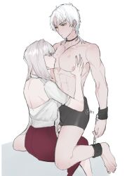 1boy 1girl abs absurdres artist_name aru_fid0 commentary femdom grey_hair highres kissing_chest licking_another&#039;s_chest nipple_stimulation nipple_tweak nipples original paid_reward_available red_skirt restrained skirt underwear white_hair