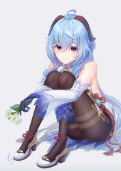 Rule 34 | 1girl, absurdres, ahoge, bare shoulders, black pantyhose, blue hair, commentary request, detached sleeves, flower, ganyu (genshin impact), genshin impact, grey background, hair between eyes, high heels, highres, holding, holding flower, horns, knees up, lightria, long hair, long sleeves, looking at viewer, pantyhose, purple eyes, shadow, simple background, sitting, smile, solo, thighband pantyhose, thighs, very long hair, white flower, white footwear