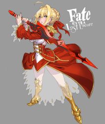Rule 34 | 1girl, ahoge, copyright name, fate (series), full body, grey background, hair intakes, highres, holding, holding sword, holding weapon, nero claudius (fate), nero claudius (fate) (all), nero claudius (fate/extra), see-through, solo, standing, sword, tagme, type-moon, weapon, yamashita shun&#039;ya