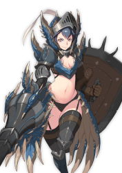 Rule 34 | 1girl, armor, armored boots, bikini armor, black panties, black thighhighs, blue hair, boots, breasts, brown gloves, capcom, cleavage, dragon horns, garter straps, gloves, greaves, helmet, hong soon-jae, horns, lance, looking at viewer, monster hunter, monster hunter: world, monster hunter (series), navel, panties, pauldrons, polearm, red eyes, shield, shoulder armor, smile, solo, spikes, standing, standing on one leg, thighhighs, underwear, weapon