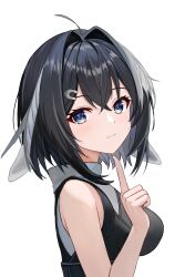 Rule 34 | 1girl, :|, ahoge, arknights, bare shoulders, black hair, black shirt, blue eyes, blush, bow, breasts, closed mouth, crossed bangs, expressionless, fanteam, finger to own chin, from side, hair between eyes, hair bow, hair intakes, hair ornament, hairclip, highres, index finger raised, la pluma (arknights), looking at viewer, medium breasts, medium hair, shirt, sidelocks, simple background, sleeveless, sleeveless shirt, solo, upper body, white background, white bow