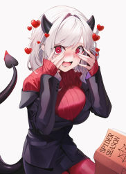 Rule 34 | 1girl, black horns, black jacket, black skirt, black suit, blush, book, breasts, commentary, demon girl, demon horns, demon tail, english text, formal, hands on own face, heart, heart-shaped pupils, helltaker, highres, horns, jacket, large breasts, long hair, long sleeves, looking at viewer, modeus (helltaker), off-shoulder jacket, off shoulder, open book, open mouth, pantyhose, pencil skirt, red eyes, red pantyhose, red sweater, ribbed sweater, saliva, simple background, skirt, sleeves past wrists, solo, suigetsu (hjs1106), suit, sweater, symbol-shaped pupils, tail, turtleneck, wavy mouth, white background, white hair
