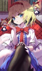 Rule 34 | 1girl, 3girls, :/, alice margatroid, black pantyhose, blonde hair, blue dress, blue eyes, blush, book, bookshelf, bow, bowtie, breasts, capelet, comb, crossed legs, dress, expressionless, feet out of frame, hair between eyes, hair brush, hairband, hand on own knee, hand up, highres, hourai doll, indoors, jewelry, kayon (touzoku), light particles, looking at viewer, medium breasts, multiple girls, nail polish, pantyhose, parted lips, pink nails, red bow, red bowtie, red hairband, red nails, ring, shanghai doll, short hair, sitting, small breasts, solo, touhou, white capelet