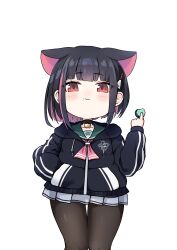 Rule 34 | 1girl, :t, absurdres, animal ears, black choker, black hair, black jacket, blue archive, blush stickers, brown pantyhose, cat ears, chibi, choker, closed mouth, collarbone, commentary request, drawstring, dyson (edaokunnsaikouya), eating, food, food on face, from below, green sailor collar, hair ornament, hairclip, hand in pocket, highres, holding, holding food, hood, hood down, hooded jacket, jacket, kazusa (blue archive), long sleeves, macaron, multicolored hair, pantyhose, pink hair, pleated skirt, puffy long sleeves, puffy sleeves, red eyes, sailor collar, simple background, skirt, solo, two-tone hair, wavy mouth, white background, white skirt