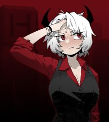 Rule 34 | 1girl, arm at side, arm up, black horns, black vest, blush, bracelet, breasts, cleavage, closed mouth, collared shirt, demon girl, demon horns, formal, hand on forehead, hand on own head, helltaker, highres, holding, horns, jewelry, large breasts, looking to the side, malina (helltaker), medium hair, monster girl, pinkboy, red eyes, red shirt, shirt, short hair, sleeves rolled up, solo, standing, suit, tail, vest, waistcoat, white hair