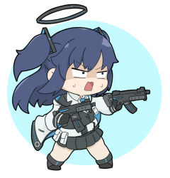 Rule 34 | 1girl, black footwear, black gloves, black skirt, black vest, blue archive, blue background, blue hair, blue necktie, chibi, collared shirt, commentary request, dual wielding, floating hair, full body, gloves, gun, halo, holding, holding gun, holding weapon, jacket, long hair, long sleeves, necktie, nyaru (nyaru 4126), off shoulder, open clothes, open jacket, open mouth, outside border, pleated skirt, puffy long sleeves, puffy sleeves, round image, shaded face, shirt, shoes, sig mpx, skirt, solo, standing, submachine gun, sweat, two-tone background, two side up, v-shaped eyebrows, vest, weapon, white background, white jacket, white shirt, yuuka (blue archive)