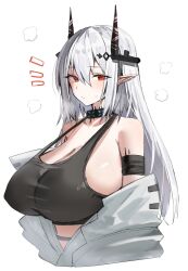 Rule 34 | 1girl, arknights, armband, black armband, black horns, black sports bra, breasts, covered erect nipples, cropped torso, highres, horn/wood, horns, large breasts, long hair, looking at viewer, looking to the side, material growth, mudrock (arknights), oripathy lesion (arknights), pointy ears, red eyes, simple background, solo, sports bra, white background, white hair