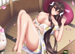 Rule 34 | 1girl, azur lane, bare shoulders, barefoot, breasts, brown hair, cleavage, closed mouth, curled horns, hair between eyes, highres, horns, indoors, japanese clothes, kimono, large breasts, long hair, looking at viewer, mikasa (azur lane), mikasa (reverence for rest and relaxation) (azur lane), official alternate costume, oni, shirt, smile, solo, togare, very long hair, white horns, yellow eyes