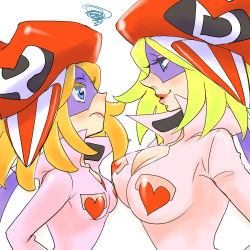 Rule 34 | 2girls, asymmetrical clothes, asymmetrical docking, blonde hair, blue eyes, bodysuit, breast envy, breast press, breasts, cleavage, cosplay, doronjo, eyeshadow, flat chest, hat, heart, height difference, hoshino lala, jumpsuit, kaminari ai, kaminari ai (cosplay), large breasts, lips, lipstick, makeup, mask, multiple girls, nose, popped collar, short hair, time bokan (series), unzipped, yatterman