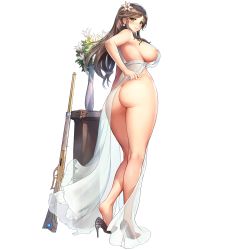 Rule 34 | 1girl, ass, back, bare shoulders, blush, breasts, constantia s2, dress, earrings, feet, flower, full body, game cg, green eyes, grin, gun, hair flower, hair ornament, hand on own hip, high heels, highres, jewelry, kakiman, kneepits, large breasts, last origin, long hair, looking at viewer, looking back, nipples, official art, parted lips, revealing clothes, rifle, see-through, sleeveless, sleeveless dress, smile, solo, standing, tachi-e, thick thighs, thighs, transparent background, vase, weapon, white dress, winchester model 1887