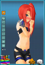 Rule 34 | 1girl, bike shorts, blue eyes, blush, cosmic break, gameplay mechanics, halcyon (halcyon90), highres, icon (computing), mighty byne girl, navel, purple eyes, red hair, side ponytail, side tails, solo, strapless, tears, torn clothes, tube top, undressing, wince