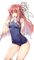 Rule 34 | 1girl, ajishio, arm behind back, blue one-piece swimsuit, bow, breasts, cleavage, collarbone, covered navel, hair between eyes, hair bow, hair ribbon, kotonoha akane, long hair, one-piece swimsuit, open mouth, pink hair, red eyes, red ribbon, ribbon, school swimsuit, simple background, small breasts, solo, standing, swimsuit, very long hair, voiceroid, wet, white background, white bow