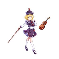 Rule 34 | 1girl, black footwear, black hat, black skirt, black vest, blonde hair, bow (music), closed mouth, crescent, crescent hat ornament, frilled hat, frills, full body, game cg, hat, hat ornament, highres, instrument, long sleeves, looking at viewer, lunasa prismriver, rotte (1109), shirt, short hair, simple background, skirt, socks, solo, third-party source, touhou, touhou lostword, vest, violin, white background, white shirt, white socks, yellow eyes