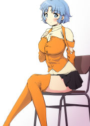 Rule 34 | 1girl, arm behind back, black skirt, blue eyes, blue hair, boots, breasts, chair, detached sleeves, hair behind ear, hand on own chest, highres, kusuha mizuha, large breasts, leaning forward, miniskirt, oimandoo, sitting, skirt, solo, super robot wars, super robot wars original generation, sweater, thigh boots, thighhighs, turtleneck, turtleneck sweater, yellow sweater